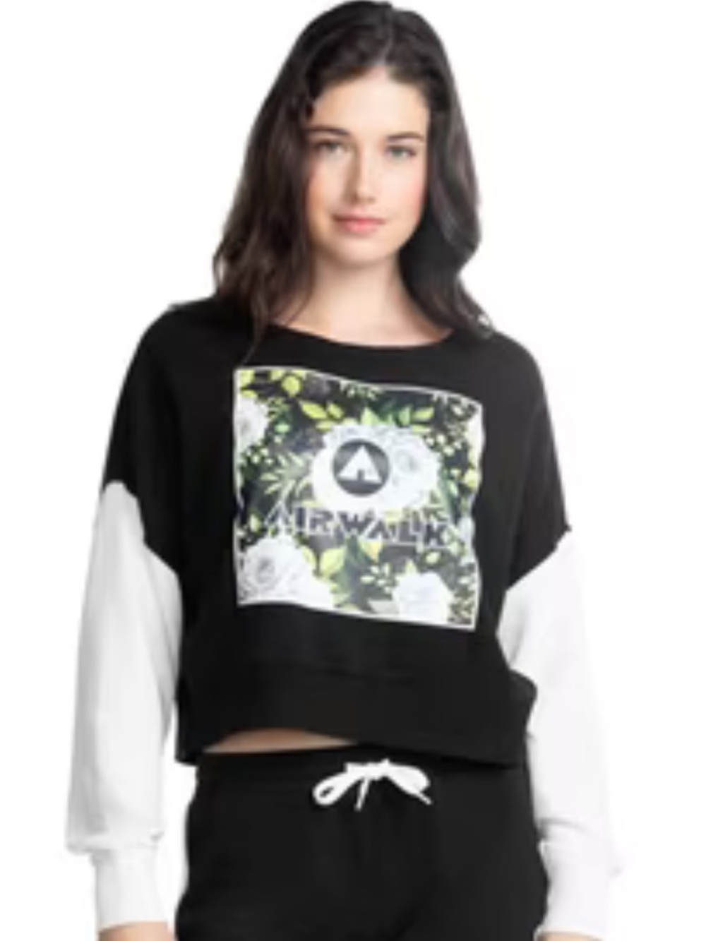Airwalk Cropped Floral Graphic Layered Sweatshirt Y2K Skatecore Black White XS